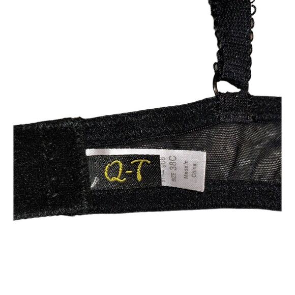 Vintage QT Bra Black Pink Floral Embroidered 38C Rayon Nylon Adjustable Straps - Picture 6 of 8